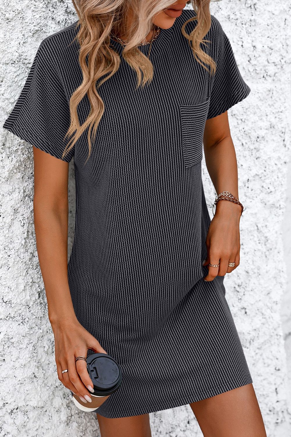 Ribbed Striped Short Sleeve Mini Tee Dress