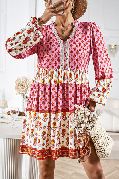 Printed V-Neck Long Sleeve Dress