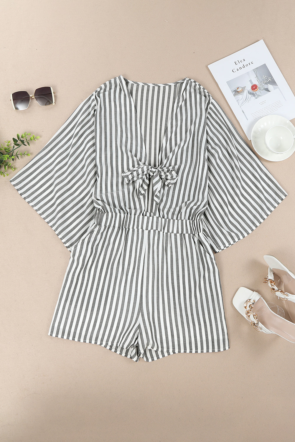 Three-Quarter Sleeve Striped Romper