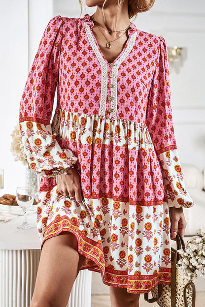 Printed V-Neck Long Sleeve Dress