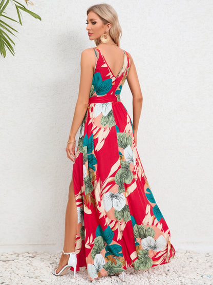 Slit Tied Printed Surplice Dress