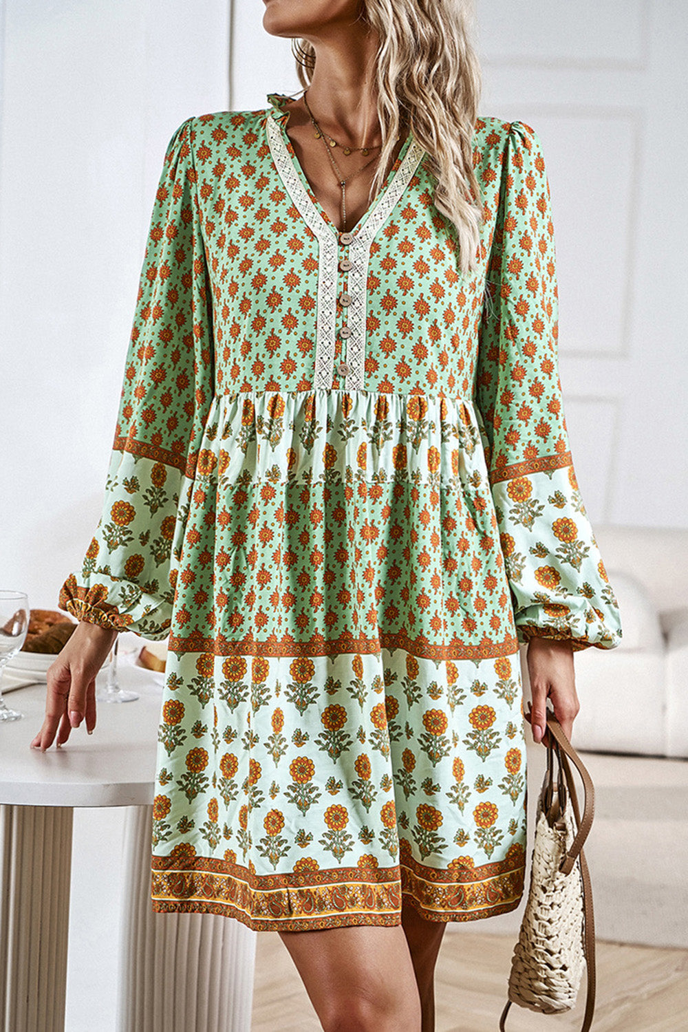 Printed V-Neck Long Sleeve Dress