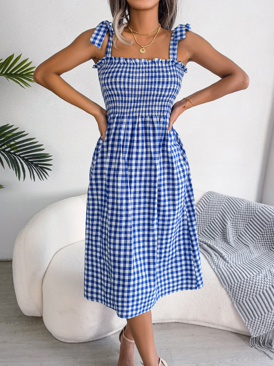 Frill Plaid Square Neck Midi Dress