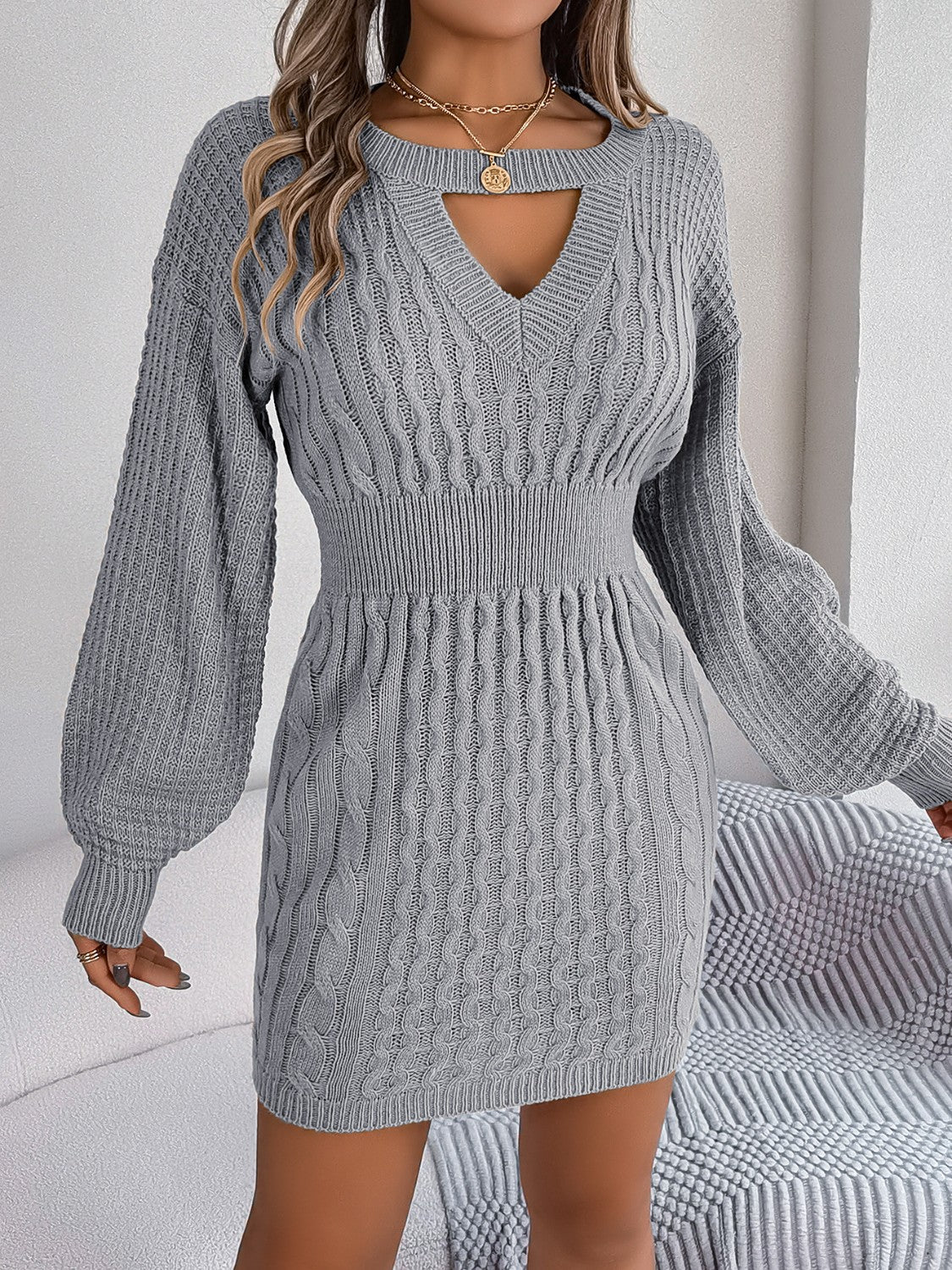 Cable-Knit Cutout Round Neck Slit Dress