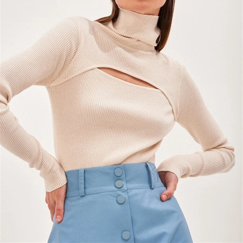 Slit Ribbed Long Sleeve Turtleneck (Beige)