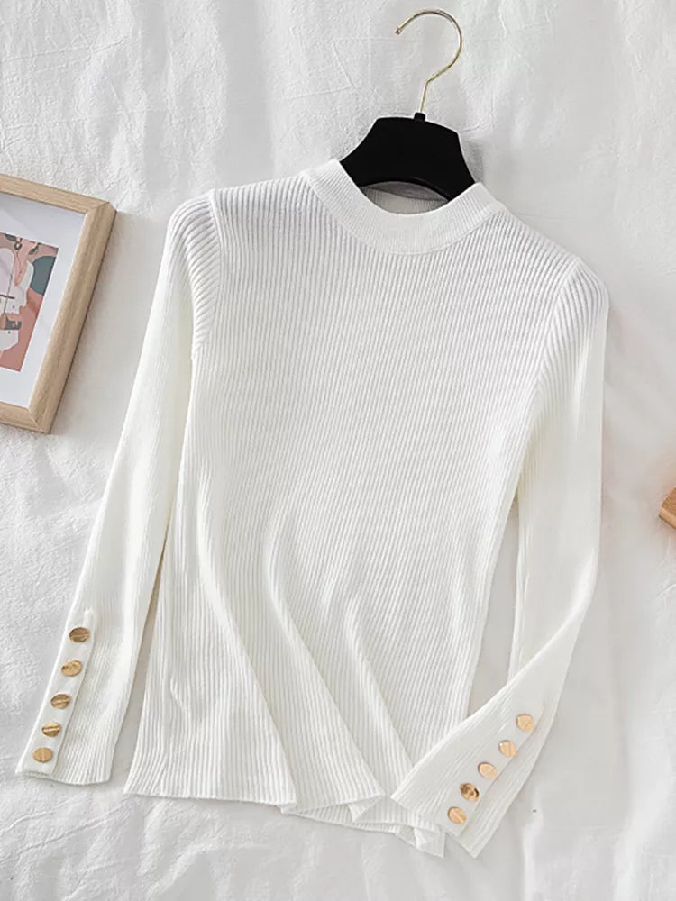 Button-Sleeve Sweater (Beige)