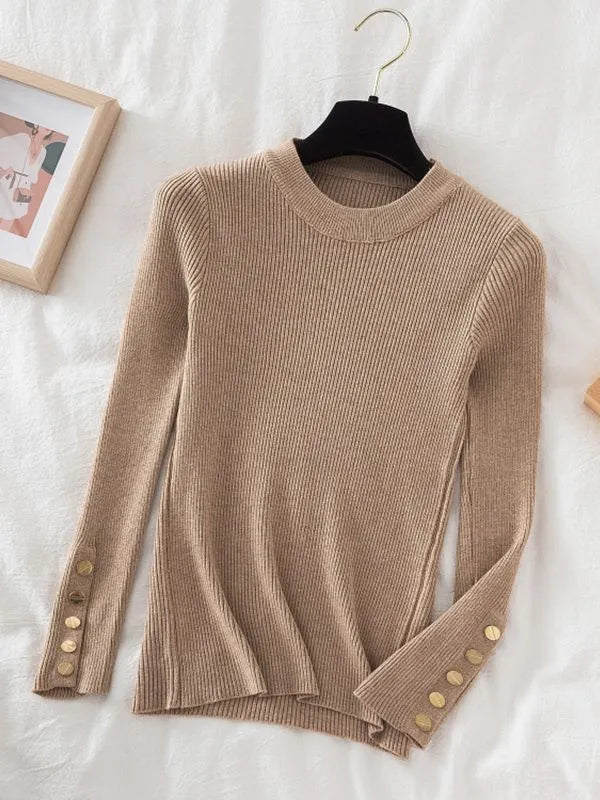 Button-Sleeve Sweater (Beige)