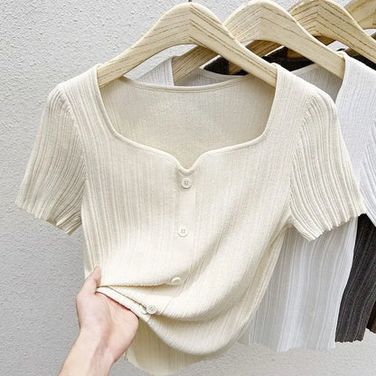 Soft Knit Button-Up Tee (Khaki)