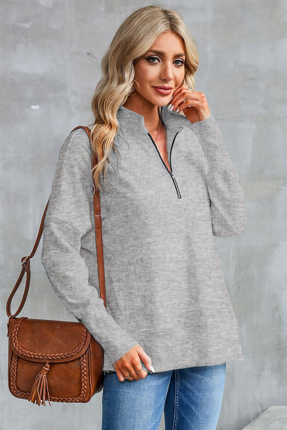 Half Zip Pocketed Dropped Shoulder Sweatshirt