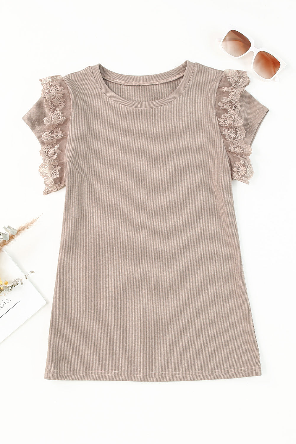 Lace Detail Round Neck Cap Sleeve T-Shirt