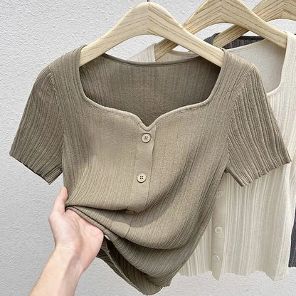 Soft Knit Button-Up Tee (Grey)