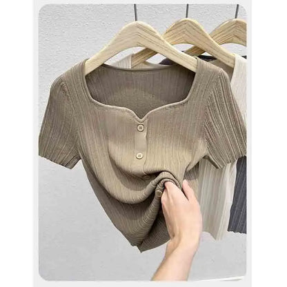 Soft Knit Button-Up Tee (Khaki)