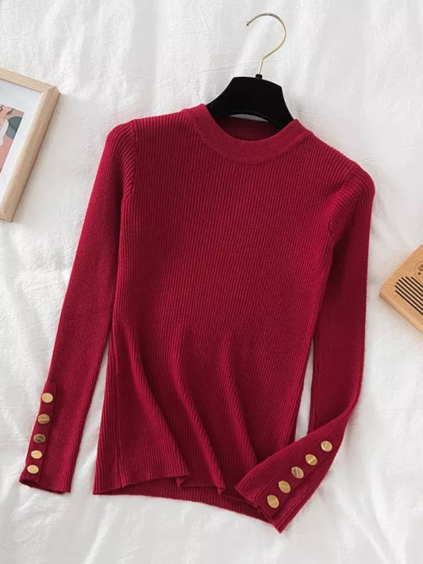 Button-Sleeve Sweater (Brick Red)