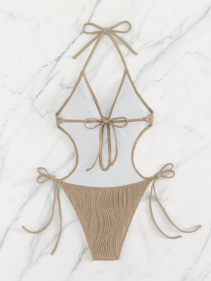 Textured Cutout Tied One-Piece Swimwear