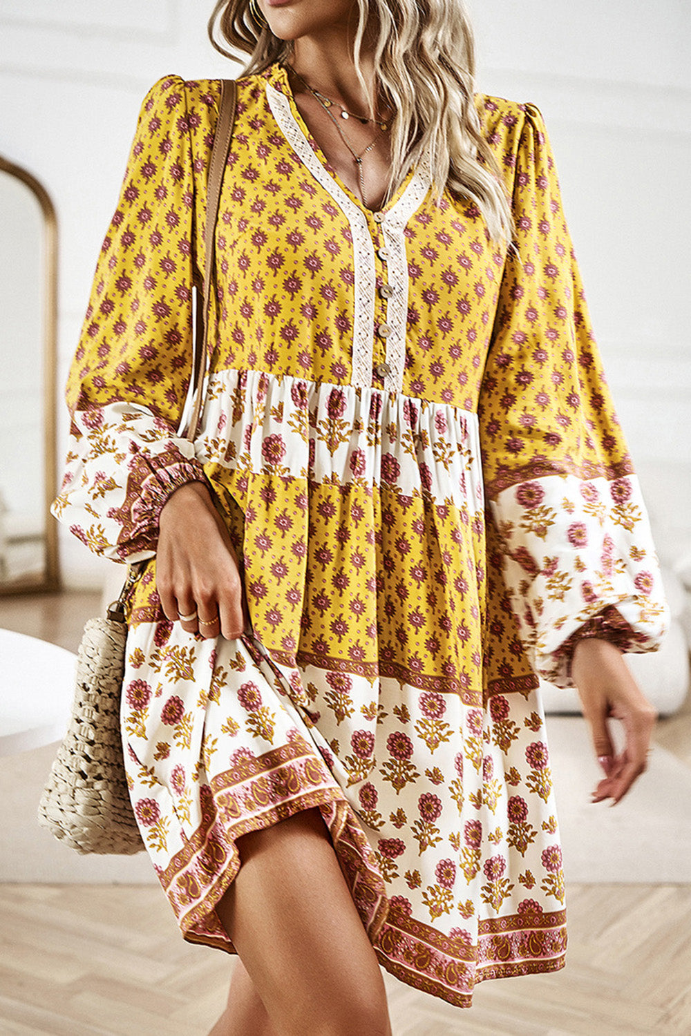 Printed V-Neck Long Sleeve Dress