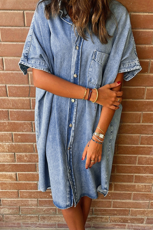 Pocketed Button Up Half Sleeve Denim Dress