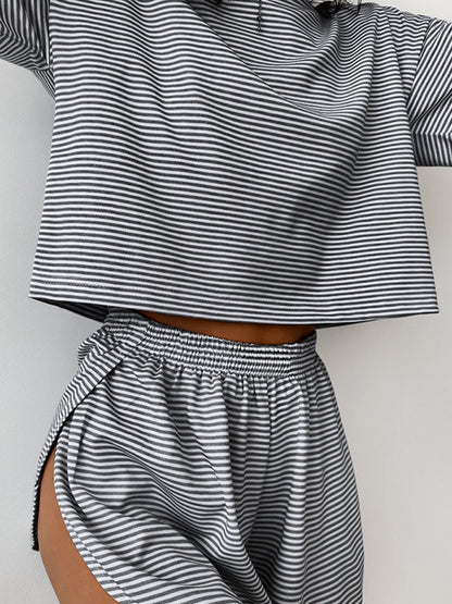 Striped Round Neck Top and Shorts Set