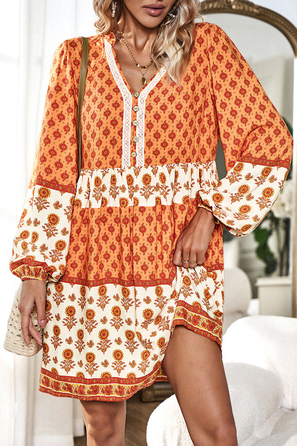 Printed V-Neck Long Sleeve Dress